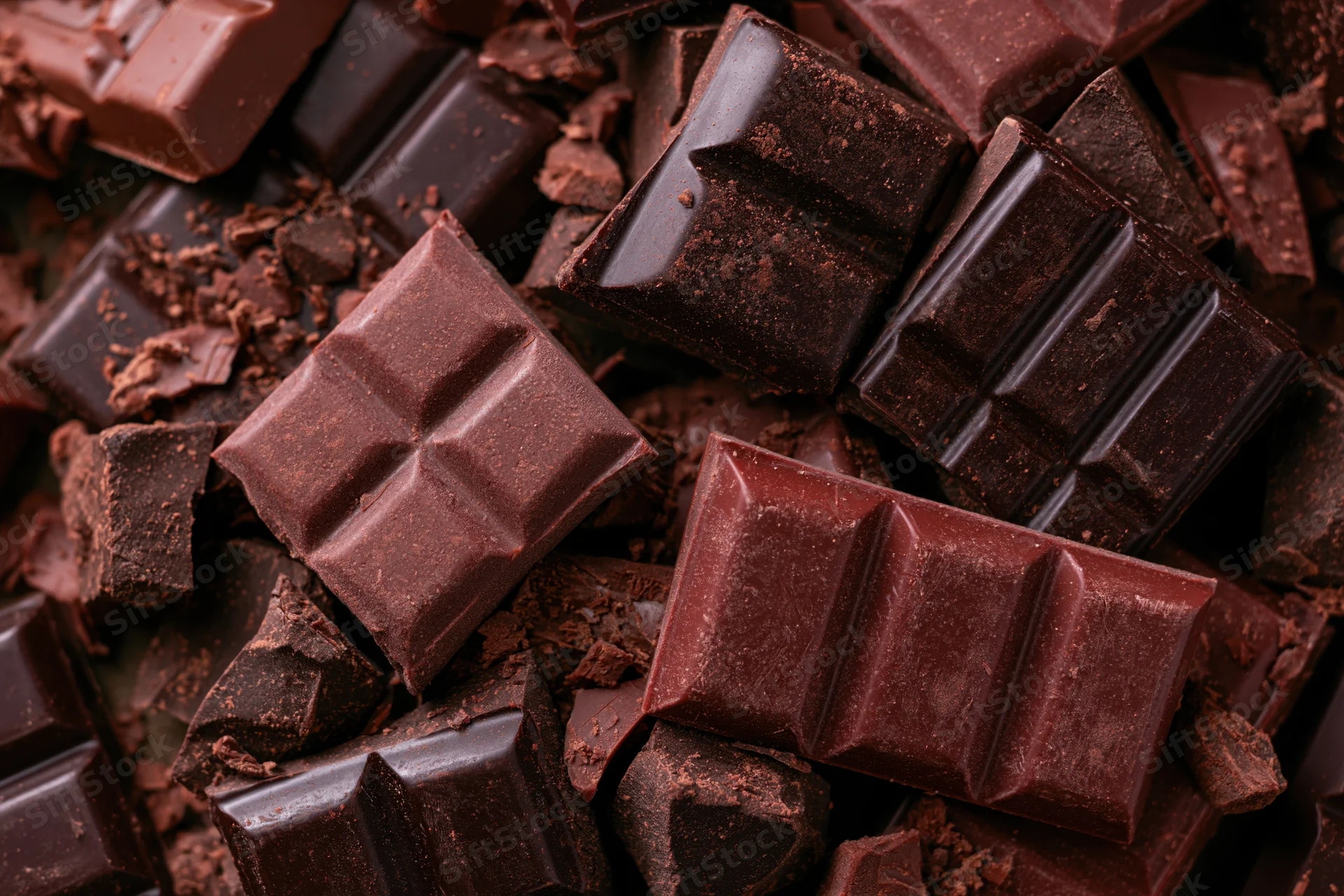 Broken dark chocolate pieces piled together in a closeup view