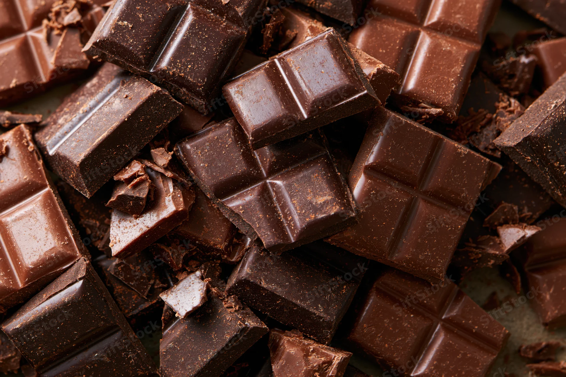 Broken chocolate pieces piled together in a close-up view
