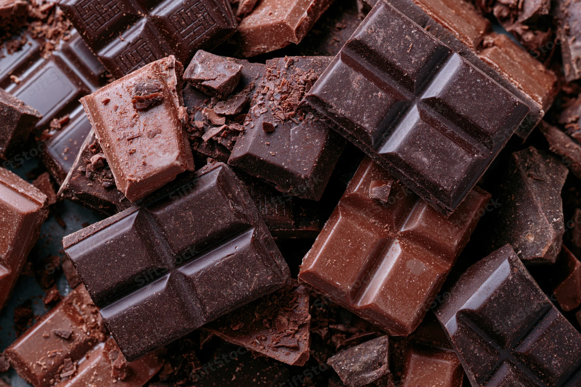 Broken dark chocolate pieces piled together in a closeup view