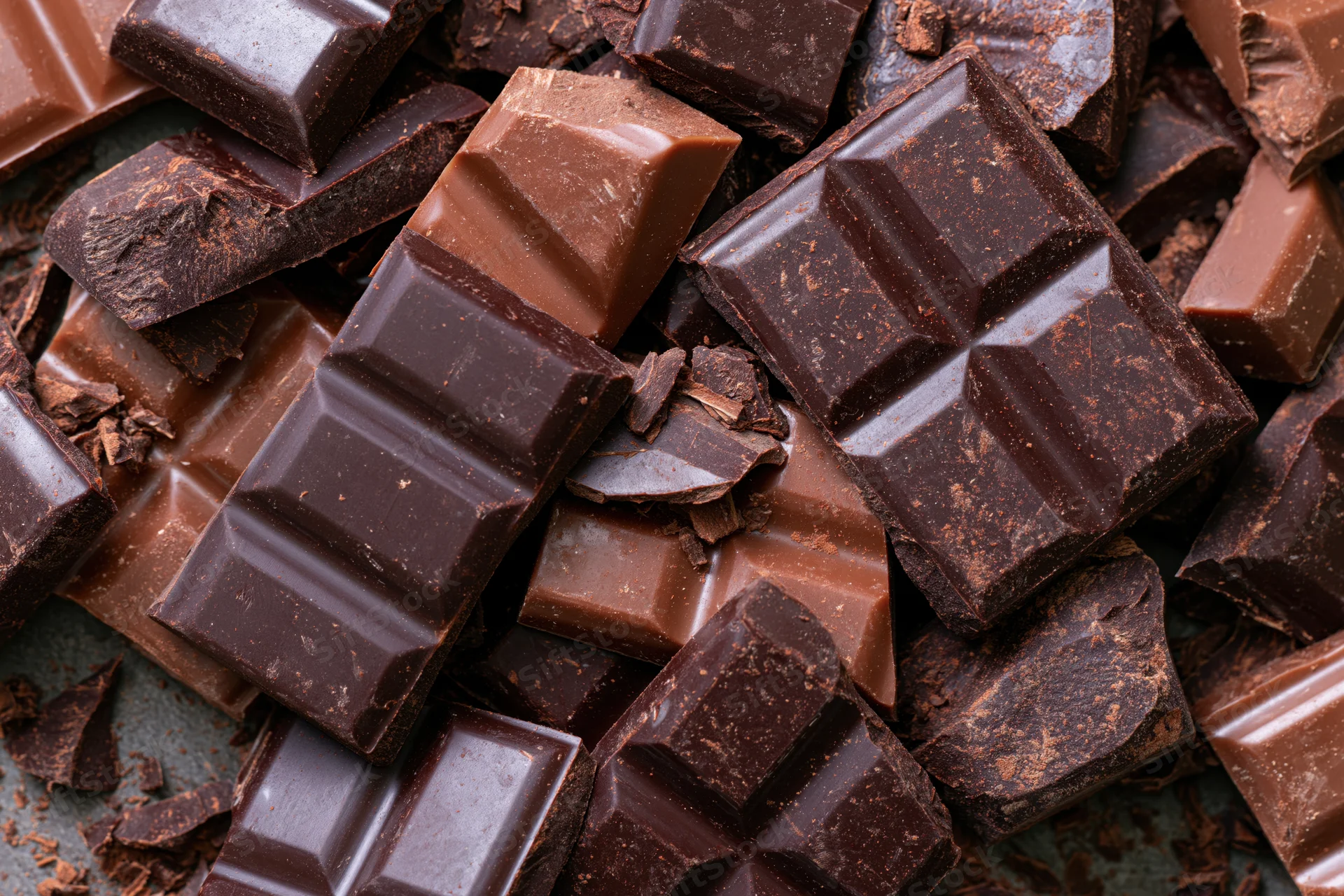 Broken chocolate pieces and chunks piled together filling the frame