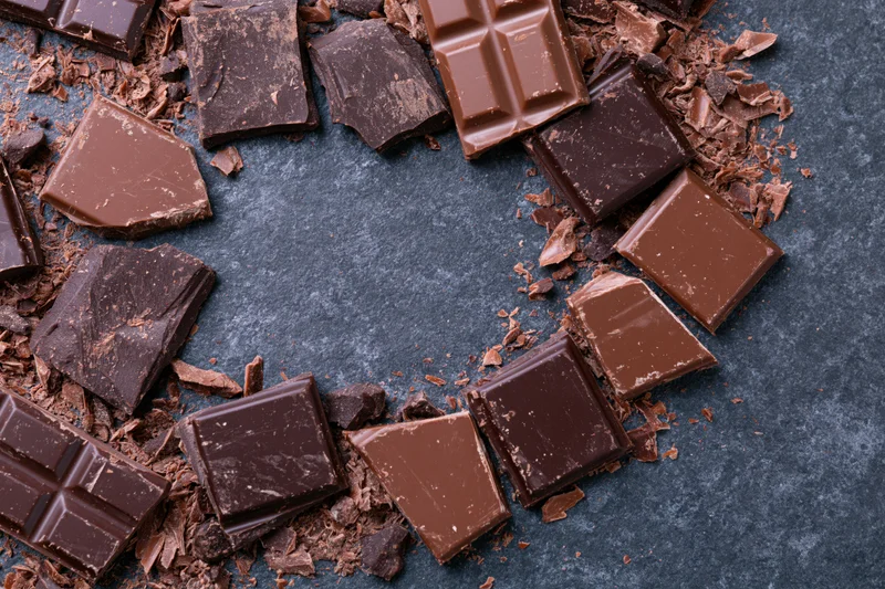 Broken dark and milk chocolate pieces scattered in a loose circle on a gray stone surface with central copyspace