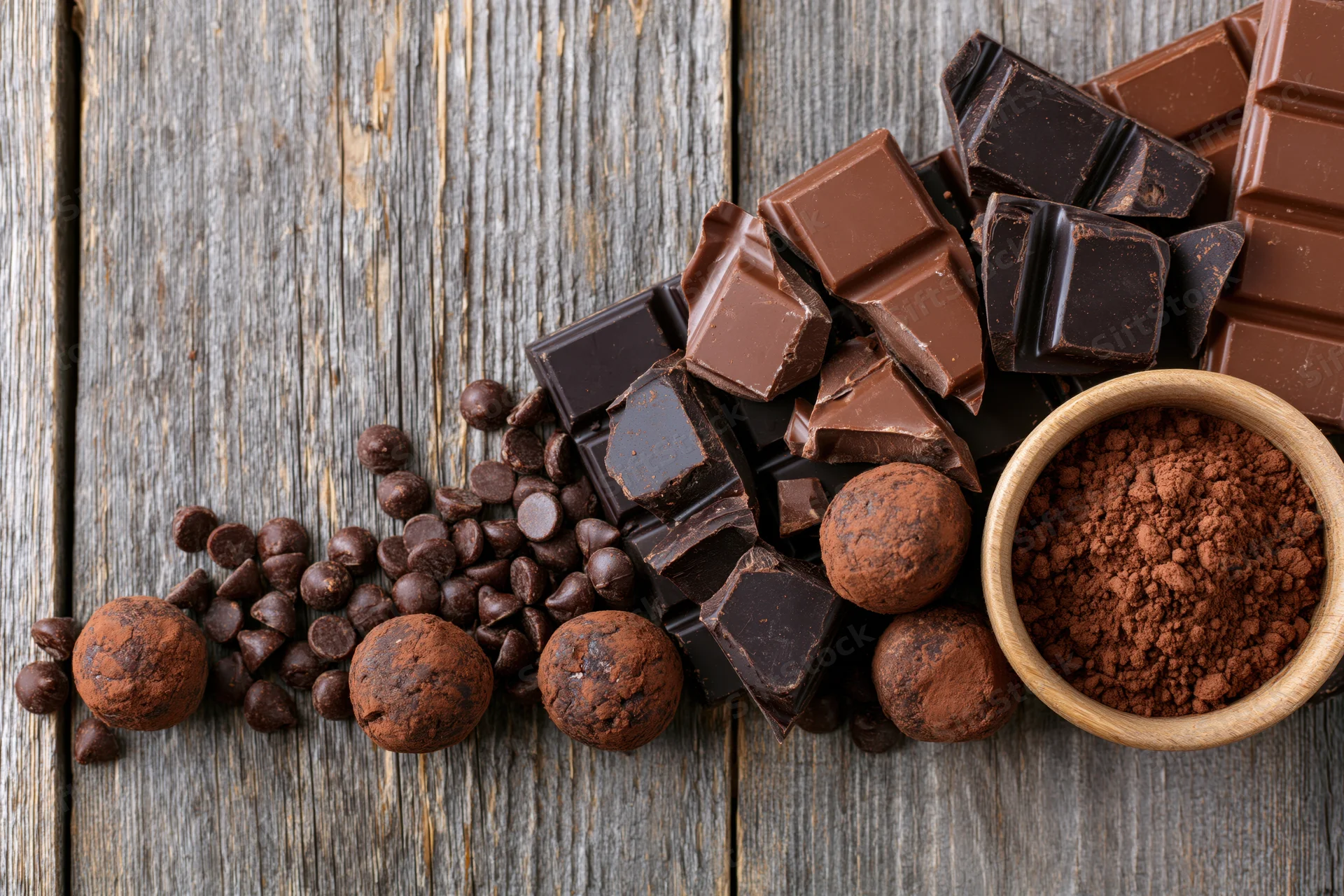 Broken dark and milk chocolate bars with chocolate chips and cocoa powder on a rustic wooden table