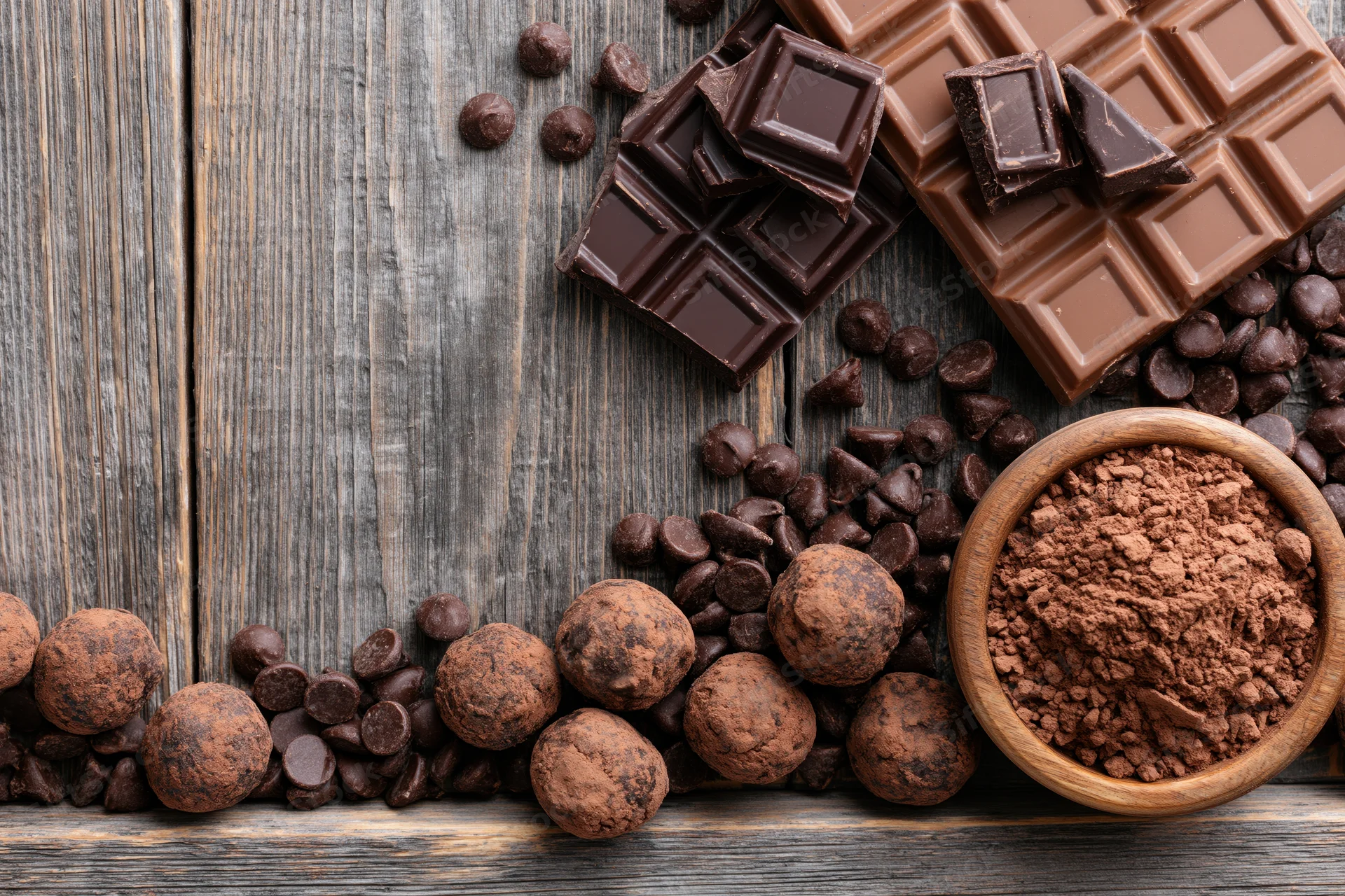 Broken dark and milk chocolate bars with chocolate chips and cocoa powder arranged on a rustic wooden table