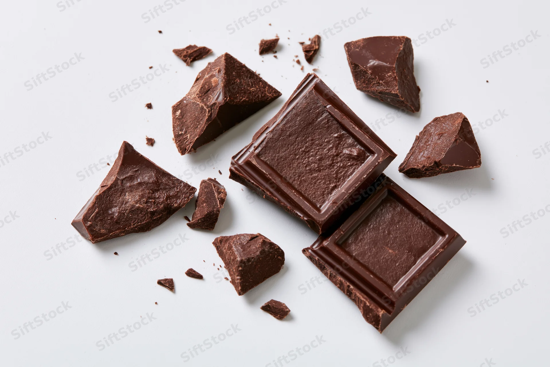 Broken dark chocolate bar pieces scattered on a white background