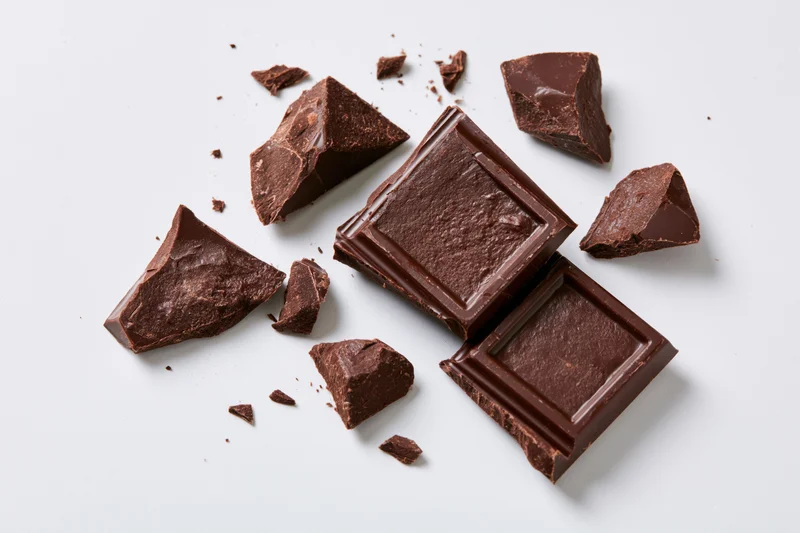 Broken dark chocolate bar pieces scattered on a white background