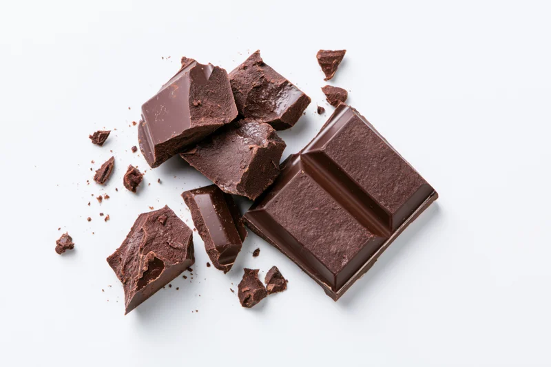Broken dark chocolate bar pieces scattered on a white surface