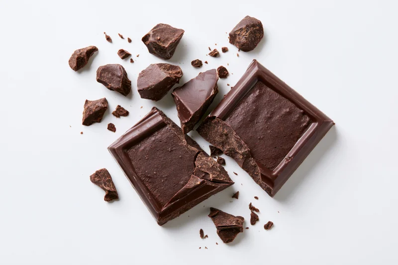 Broken dark chocolate bar pieces scattered on a white background