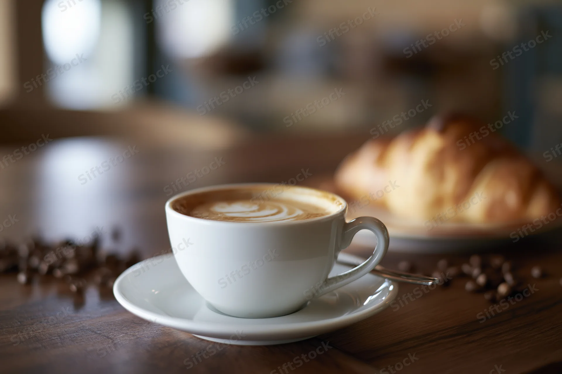 Cappuccino with latte art in a white ceramic cup on a wooden table beside a croissant and scattered coffee beans