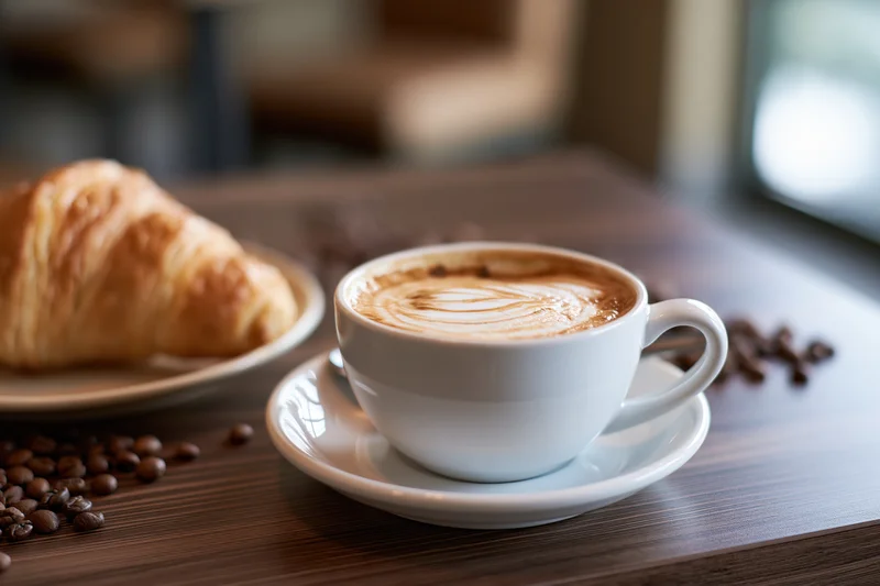 Cappuccino with latte art in a white ceramic cup beside a croissant on a wooden table