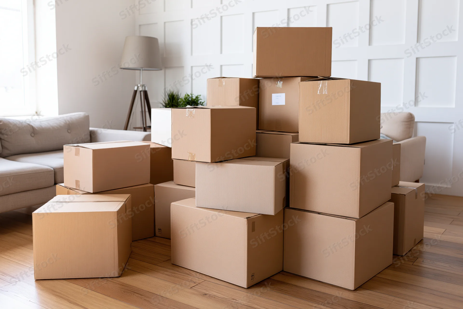 Cardboard moving boxes stacked and scattered across hardwood floor in living room with couch and lamp