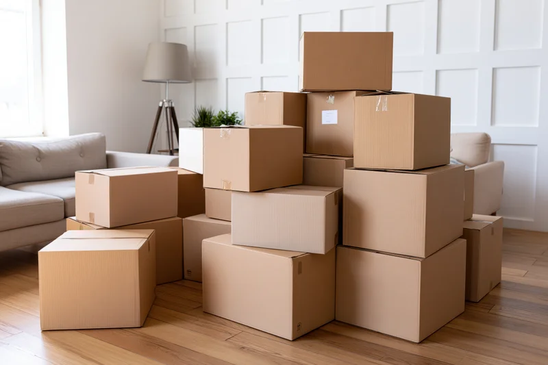 Cardboard moving boxes stacked and scattered across hardwood floor in living room with couch and lamp