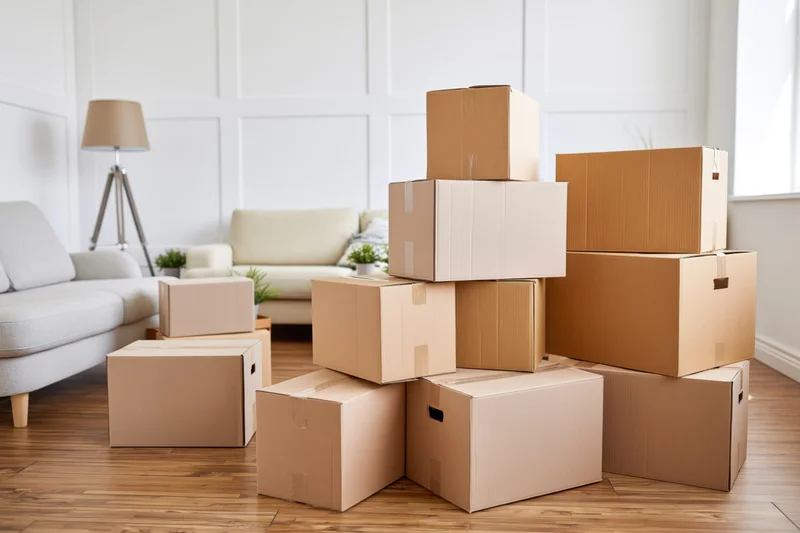 Cardboard moving boxes stacked and scattered across hardwood floor in living room with sofa and lamp