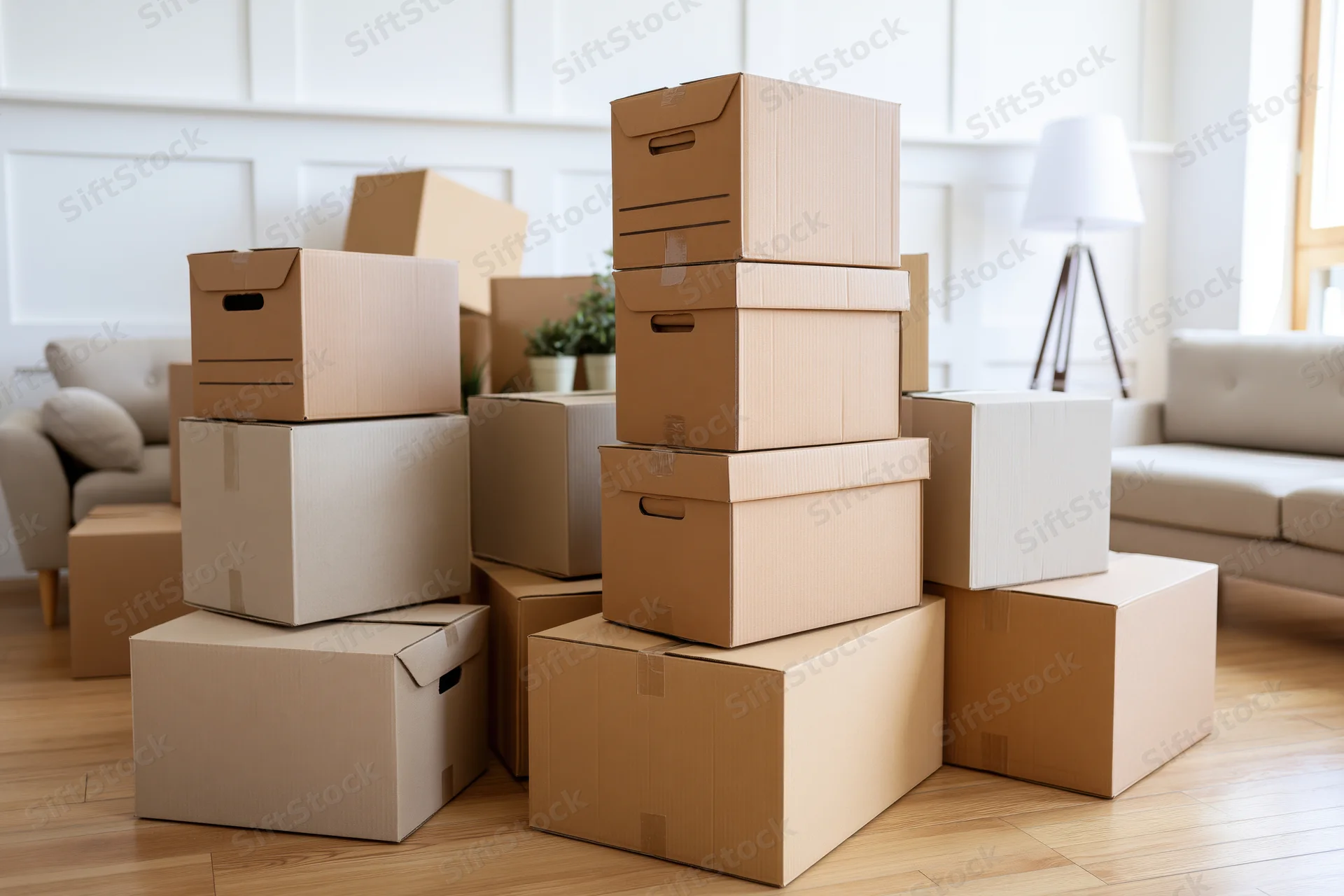 Stacked cardboard moving boxes in a living room with couch and lamp on hardwood floor