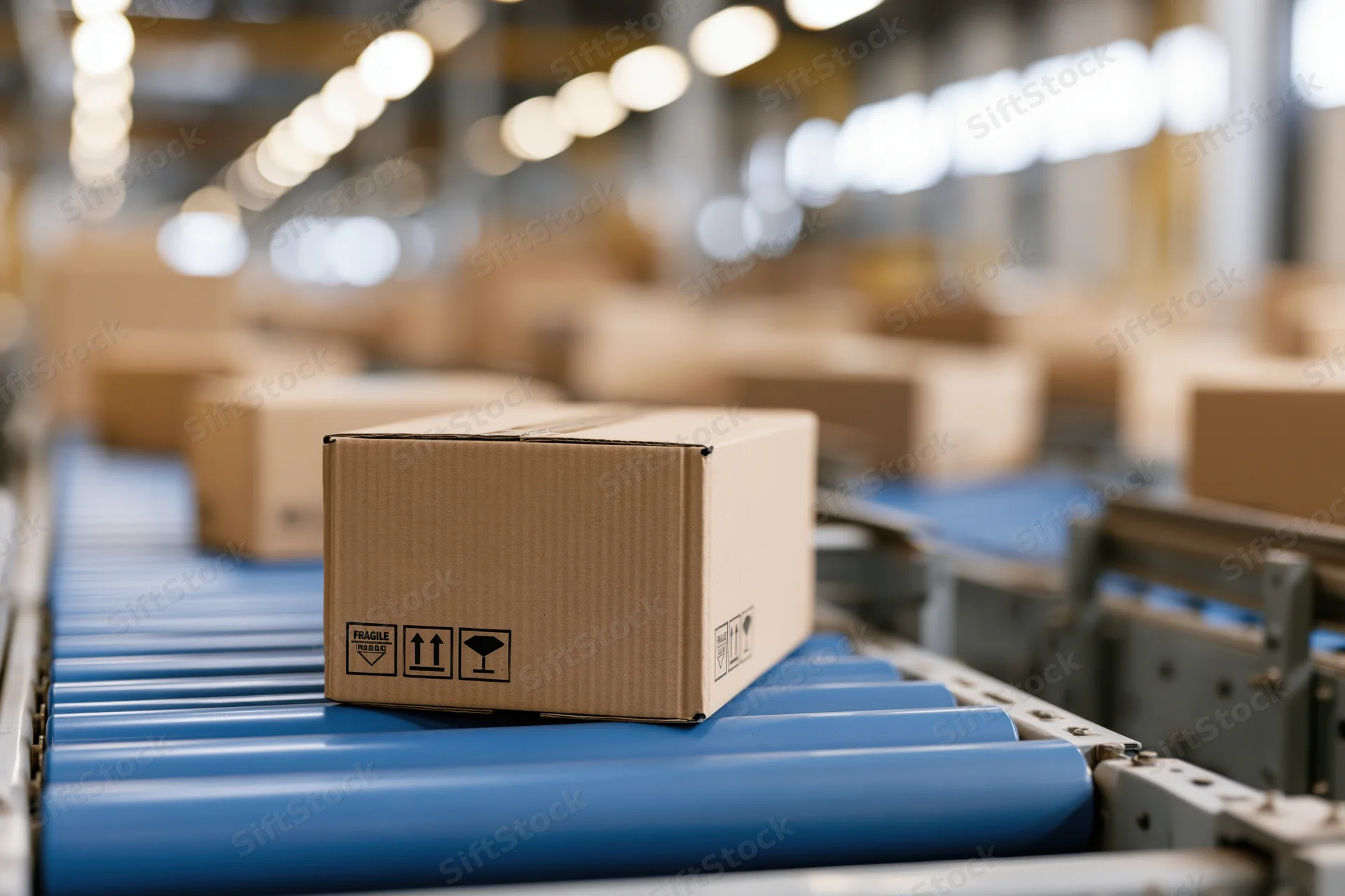Cardboard box moving along blue roller conveyor in warehouse