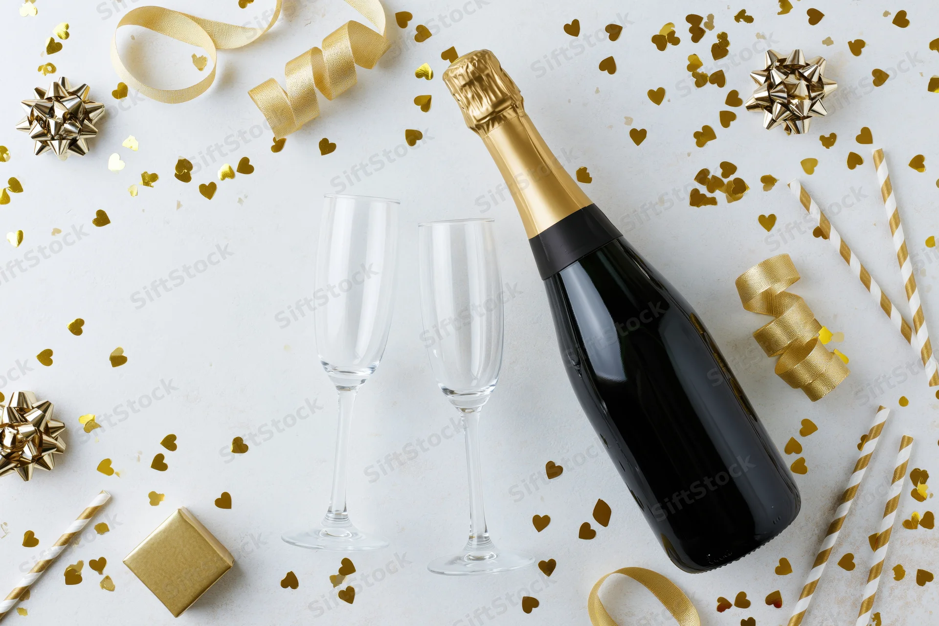 Champagne bottle and two empty flute glasses arranged on a white surface with gold confetti, ribbons, bows, and party straws