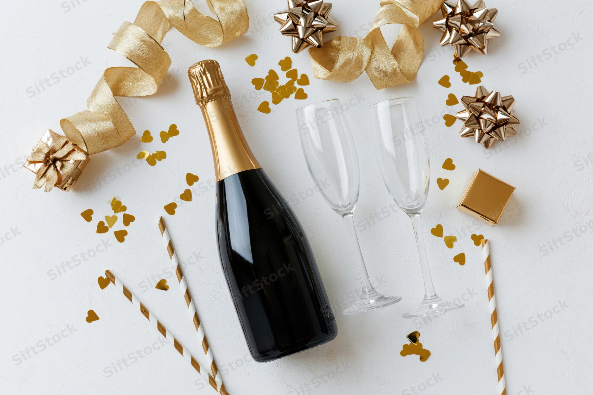 Champagne bottle and two empty flutes with gold ribbons and confetti on white surface