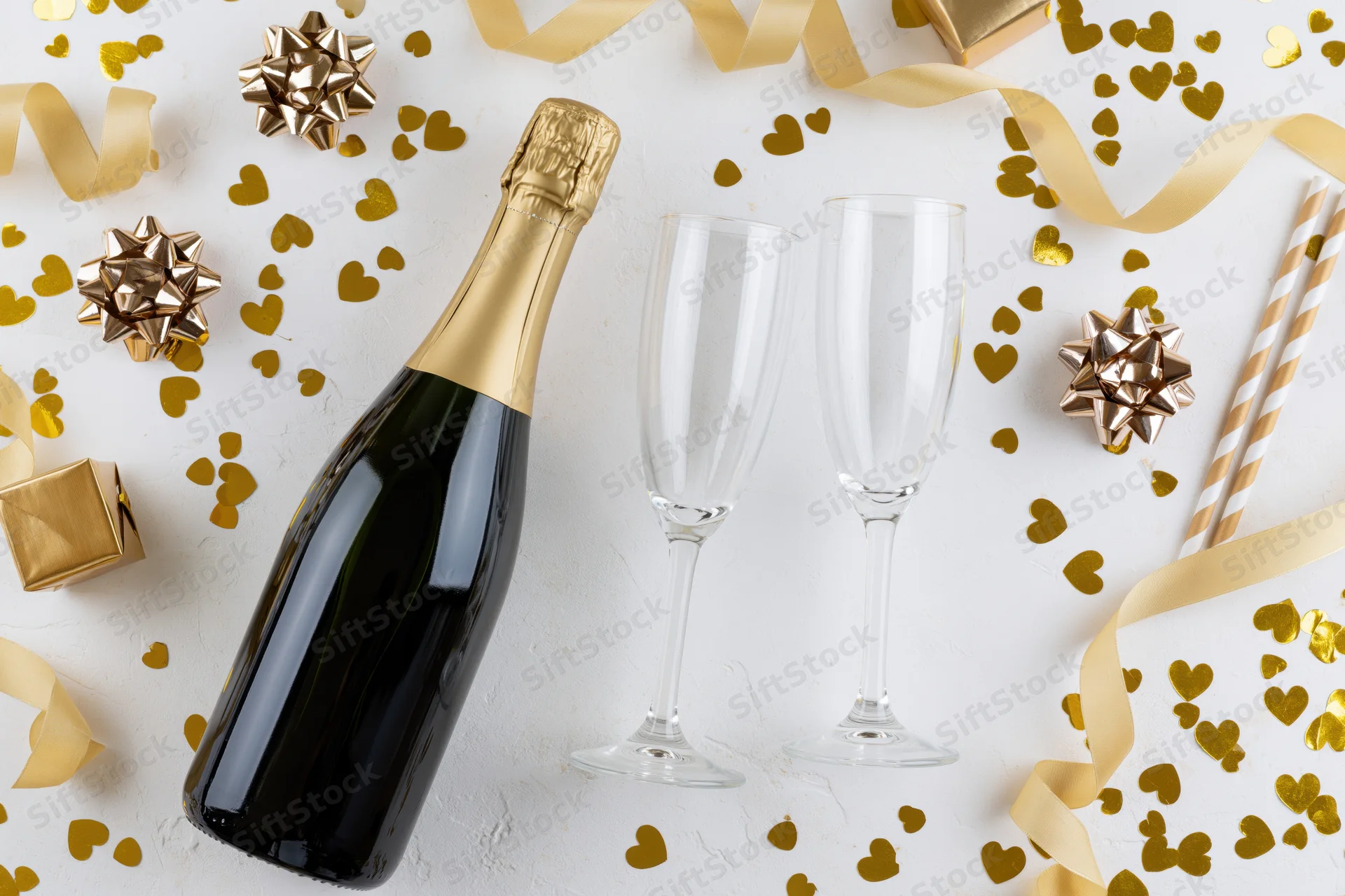 Champagne bottle and two empty flutes arranged on a white surface with gold confetti, ribbons, bows and party horns
