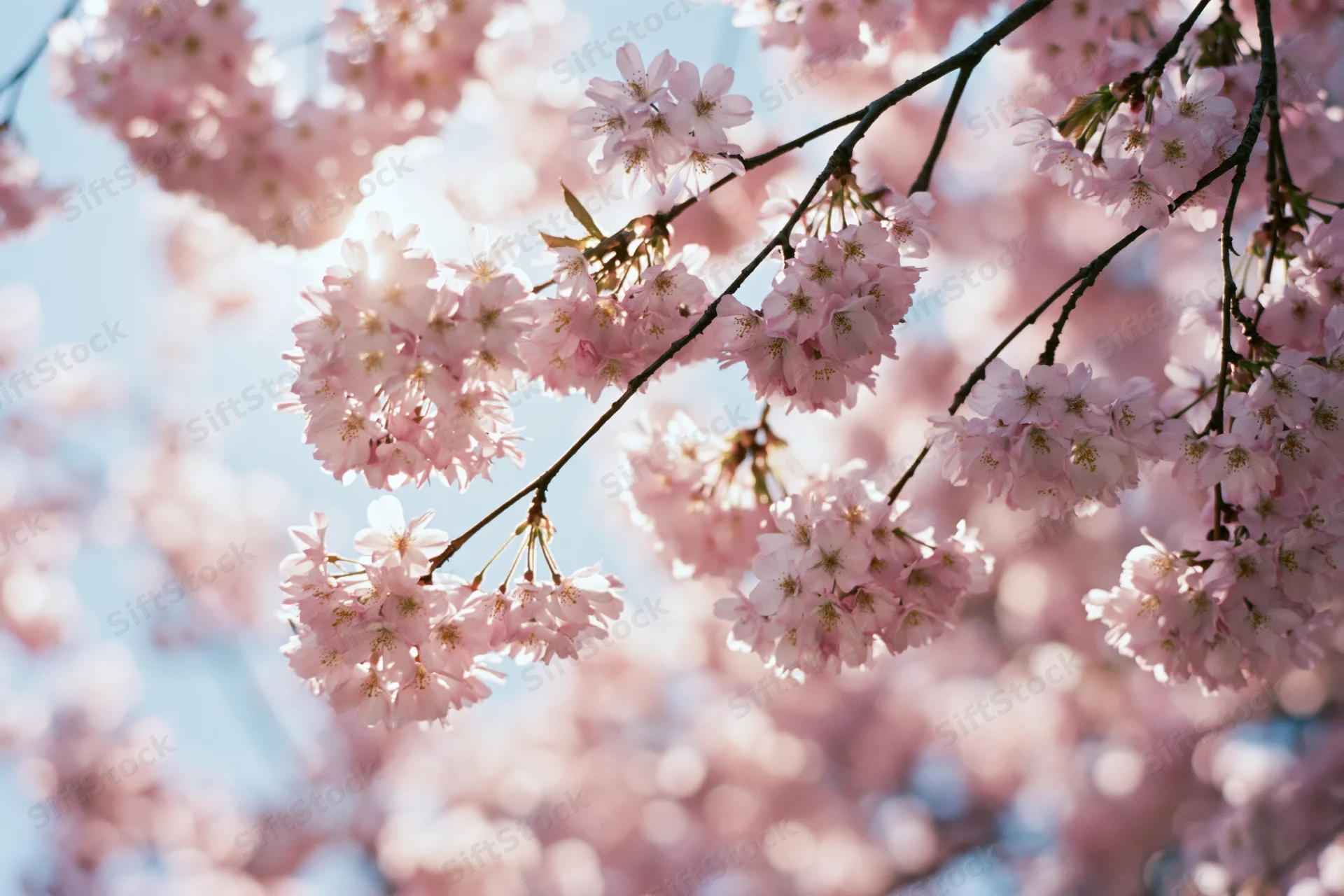 Cherry blossom branch in full bloom against a soft blue sky