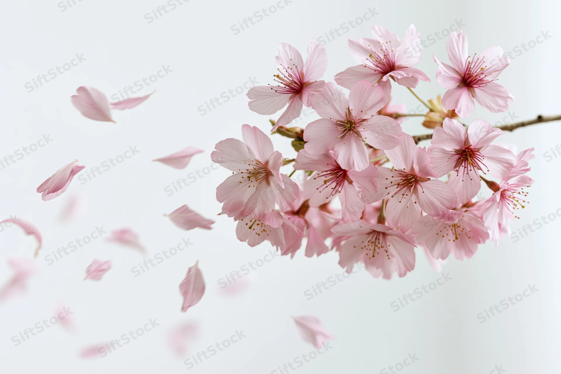 Cherry blossom branch in full bloom with petals drifting against a soft white background
