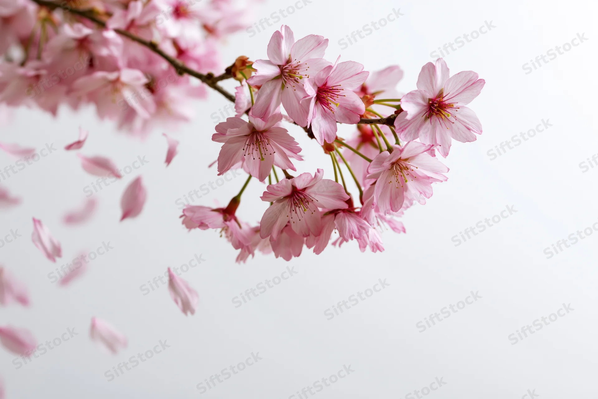 Cherry blossom branch in full bloom with falling petals against a white background