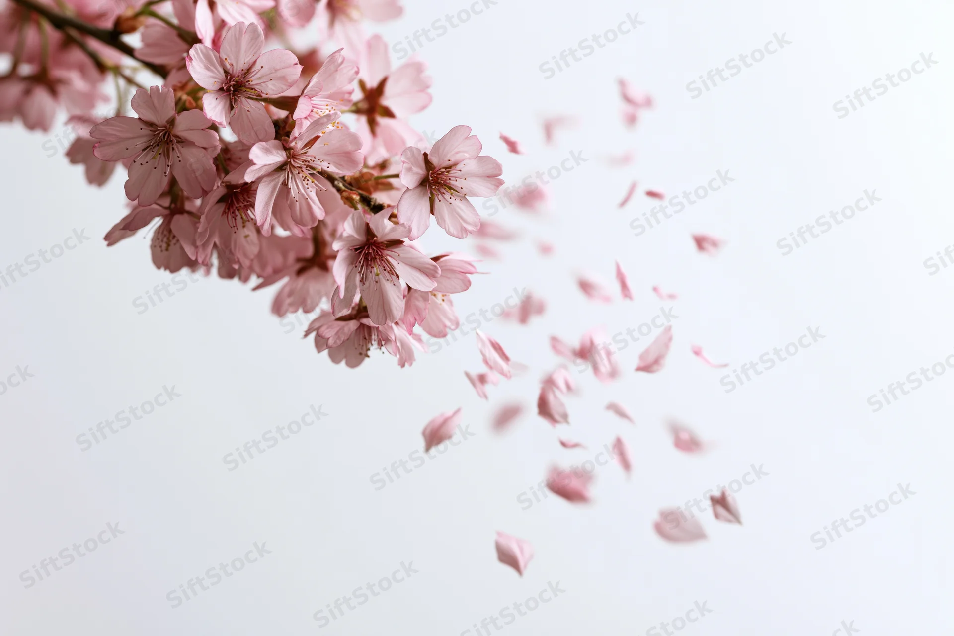 Cherry blossom branch in full bloom with petals drifting away against a soft white background