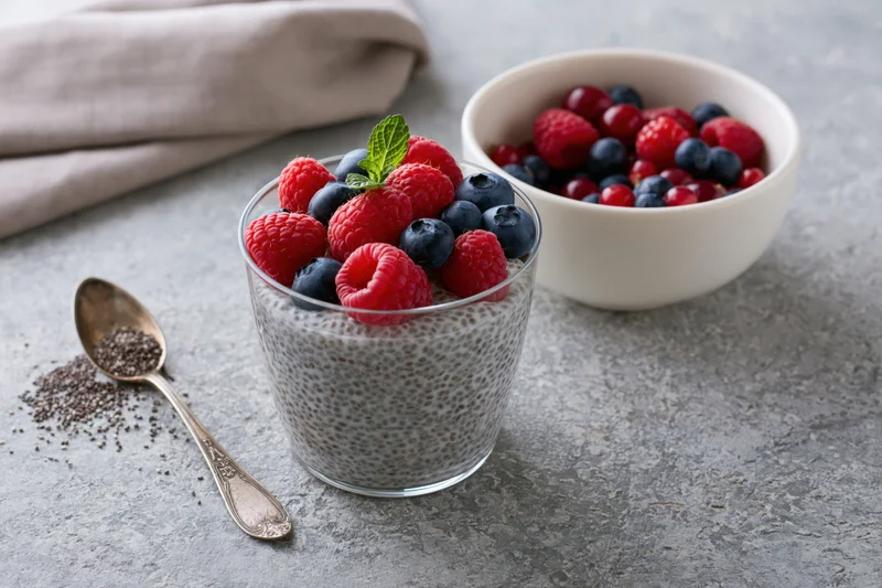 Chia seed pudding in a glass topped with raspberries and blueberries on a gray countertop with a spoon and bowl of berries nearby