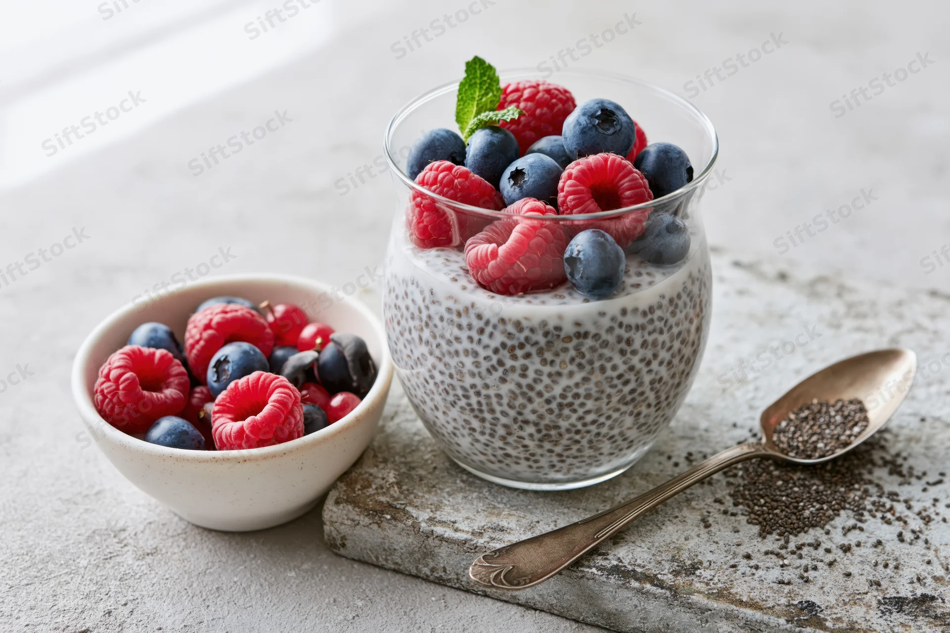 Chia seed pudding in a glass topped with raspberries and blueberries on a cutting board with a bowl of berries and a spoon nearby