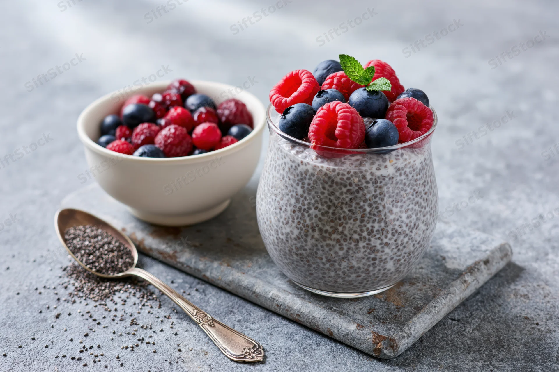 Chia seed pudding in a glass topped with raspberries and blueberries beside a bowl of berries and a spoon on a stone slab
