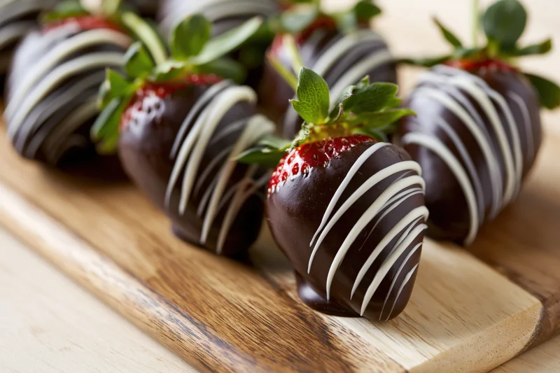 Chocolate-dipped strawberries with white chocolate drizzle arranged on a wooden cutting board