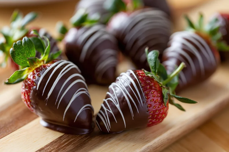 Chocolate-dipped strawberries with white chocolate drizzle arranged on a wooden cutting board