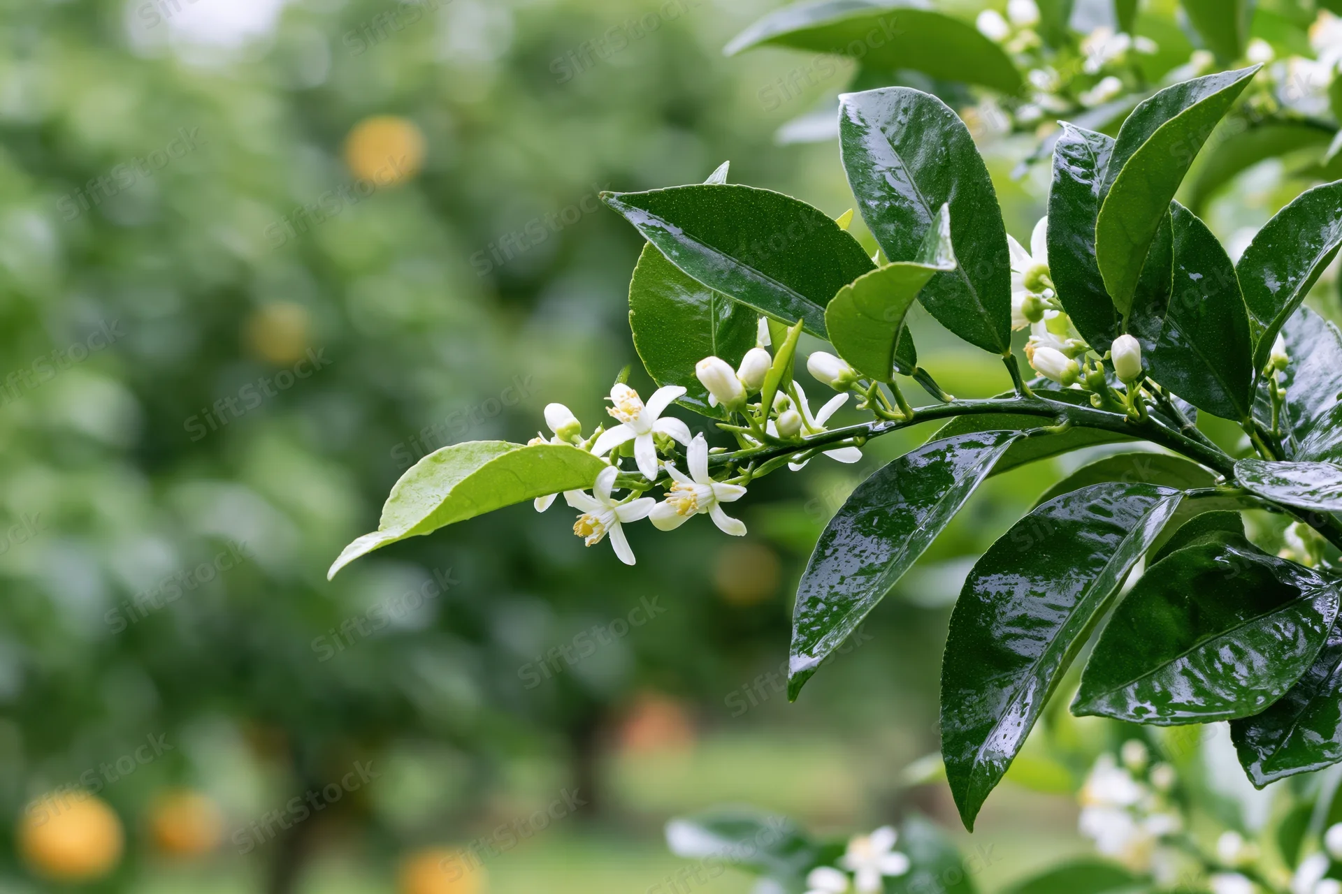 Close-up of a citrus tree branch with white blossoms and green leaves in a garden