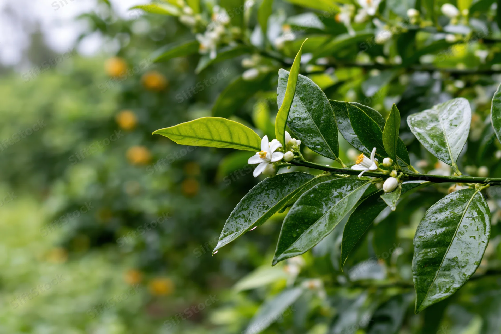 Citrus tree branch with white blossoms and green leaves in a garden setting