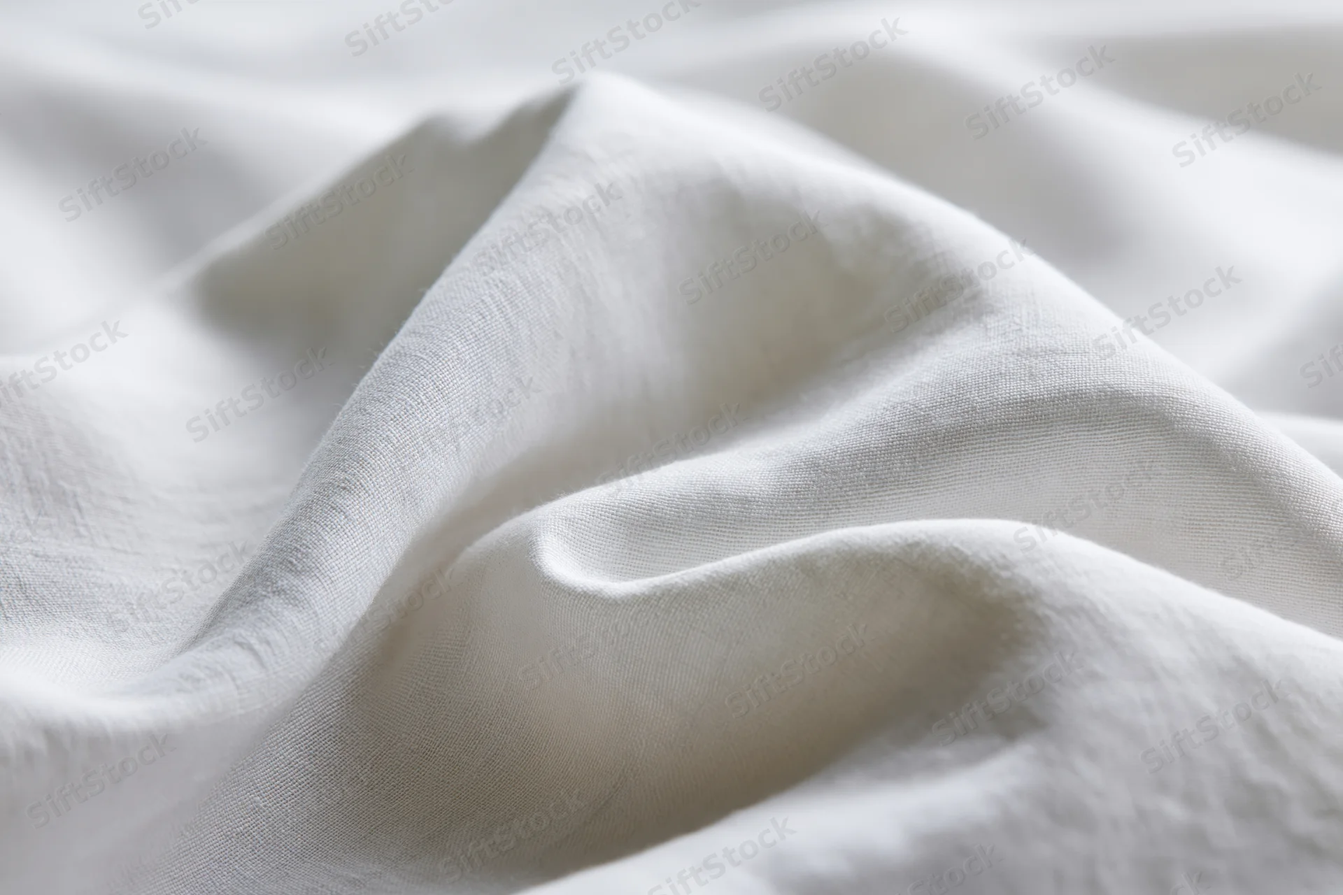 Close-up of crumpled white cotton bed sheet with soft folds and natural texture