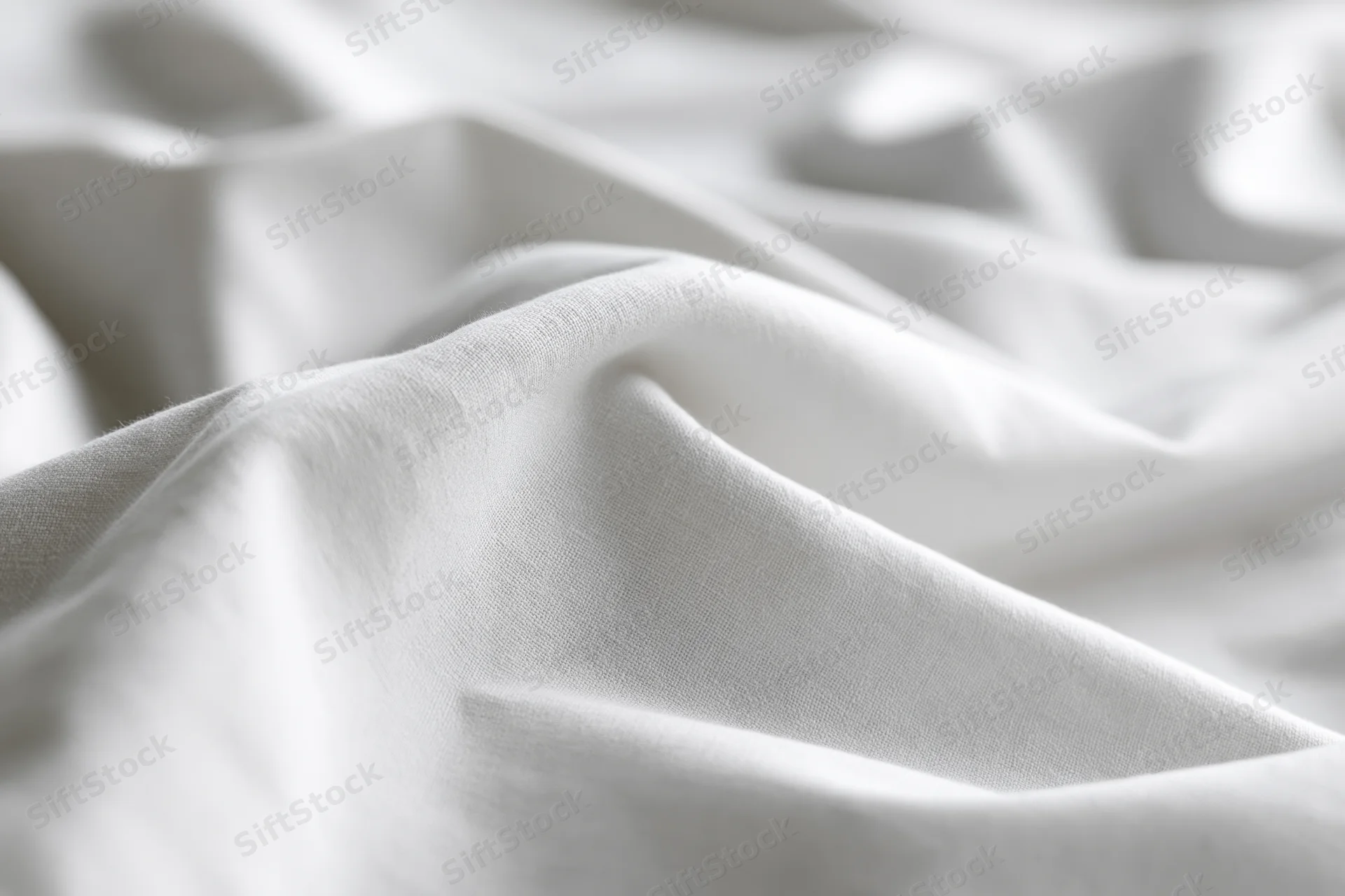 Close-up of crumpled white cotton bed sheet with soft folds and natural texture