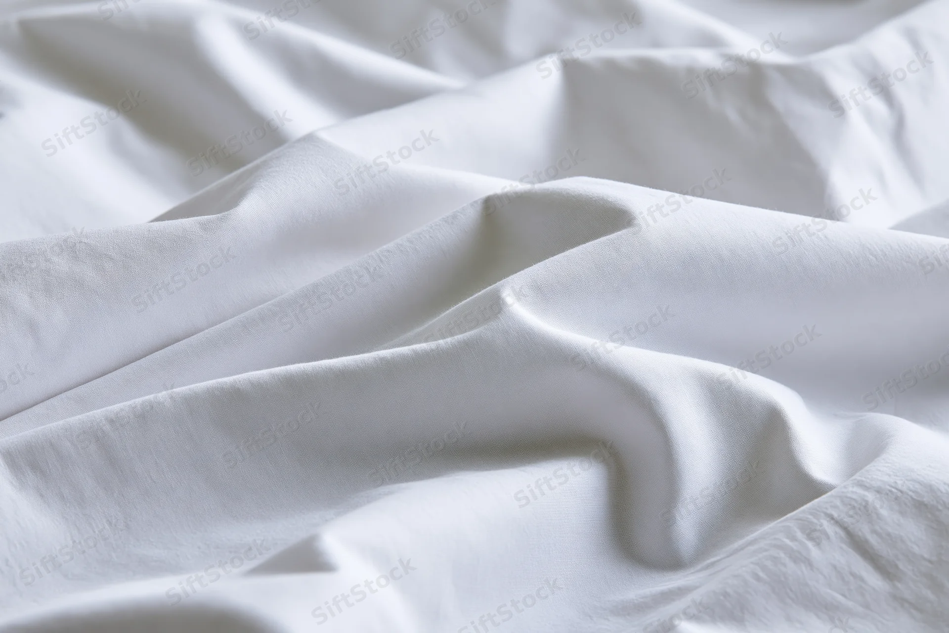 Close-up of crumpled white cotton bed sheet with soft folds and wrinkles