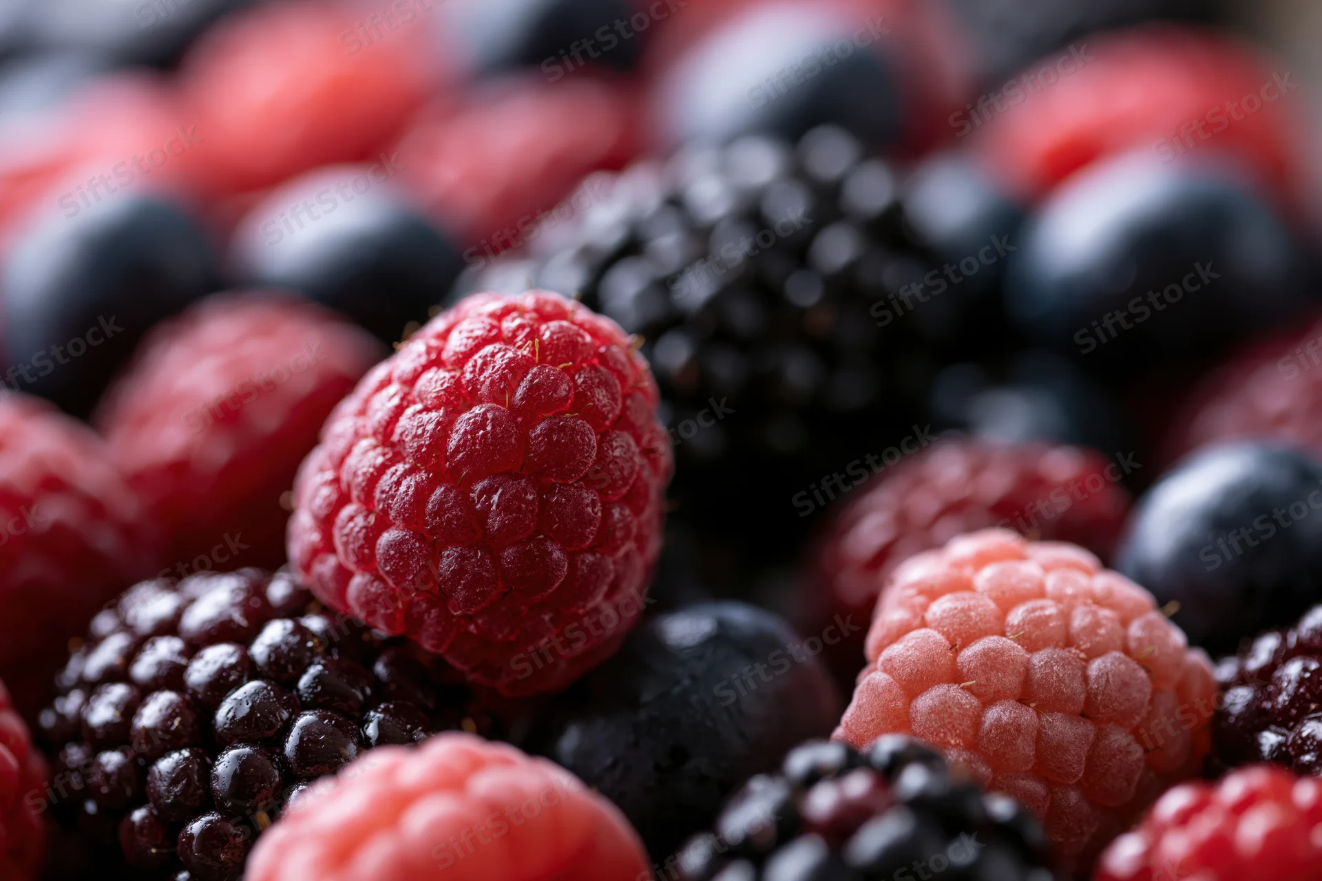 Close-up of mixed fresh berries piled together showing raspberry, blackberry and blueberry in focus