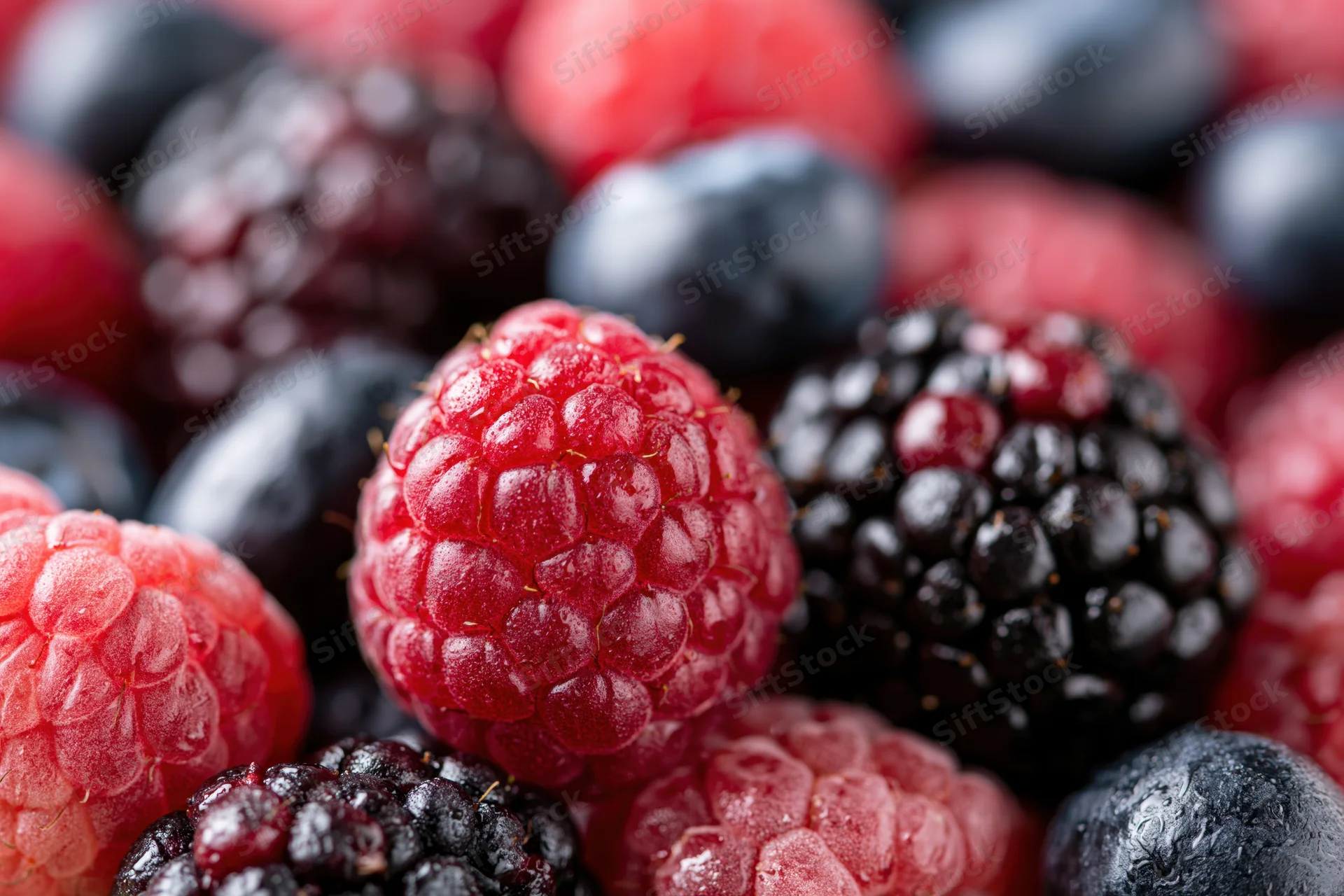Close-up of mixed fresh berries including raspberries, blackberries and blueberries piled together