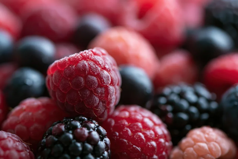 Close-up of mixed fresh berries including raspberries, blackberries and blueberries piled together