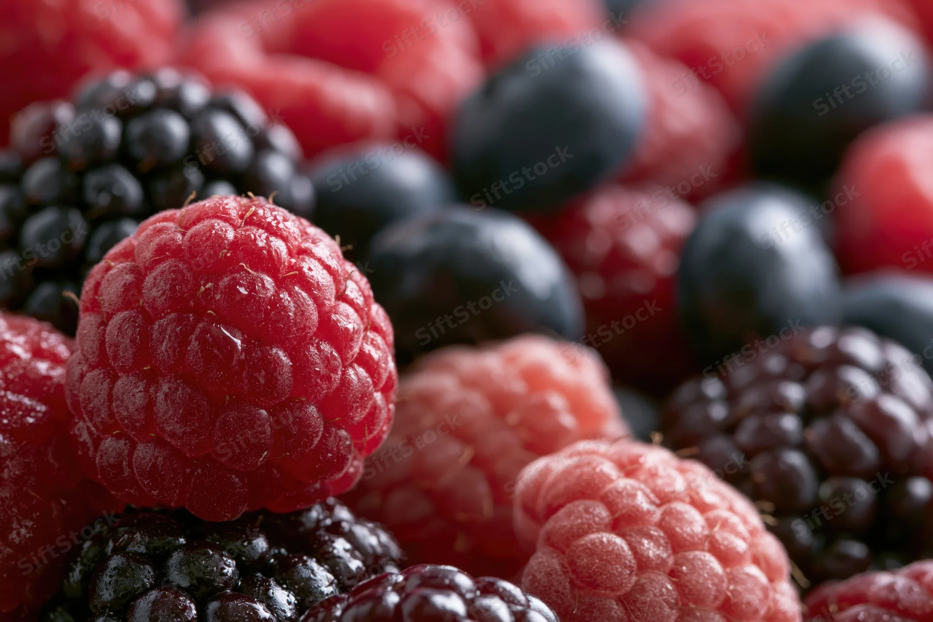 Close-up of mixed fresh berries piled together showing raspberry, blueberry and blackberry in focus
