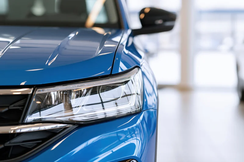 Close-up of blue suv front headlight and hood corner in showroom interior