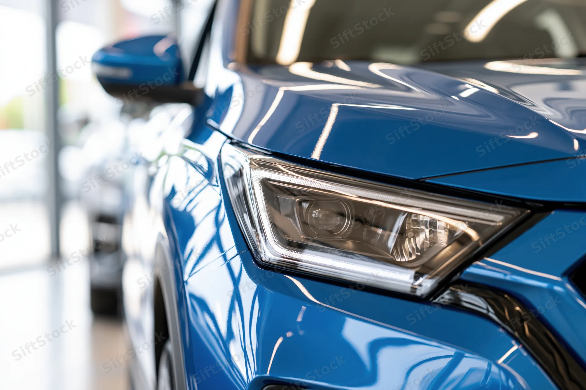Close-up of blue suv front headlight and hood corner in showroom