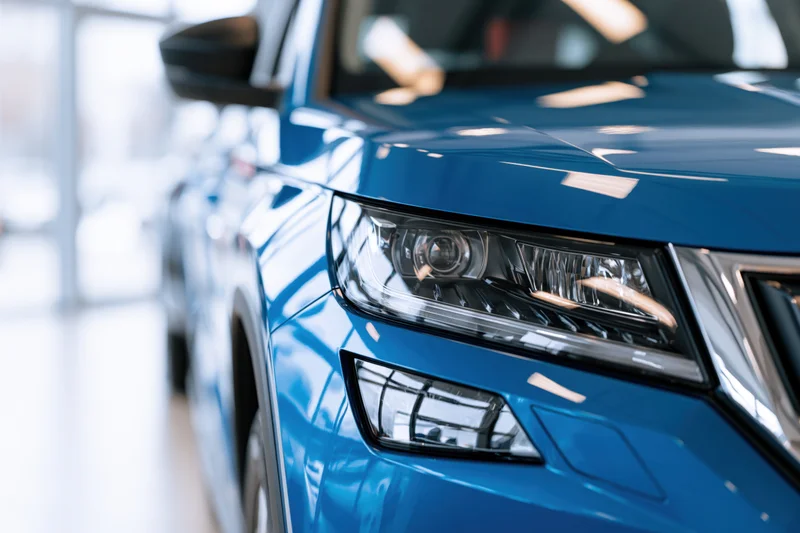 Close-up of blue suv front headlight and hood corner in showroom