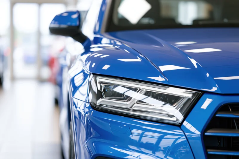 Close-up of blue suv front headlight and hood corner in showroom
