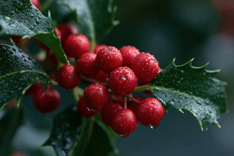 Close-up of red holly berries with water droplets on green leaves
