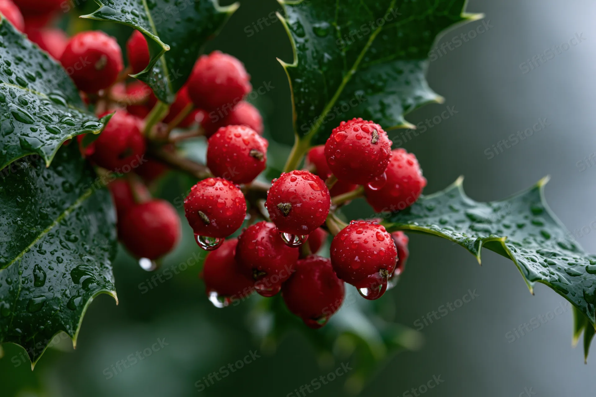 Close-up of red holly berries with water droplets on green leaves in a natural setting