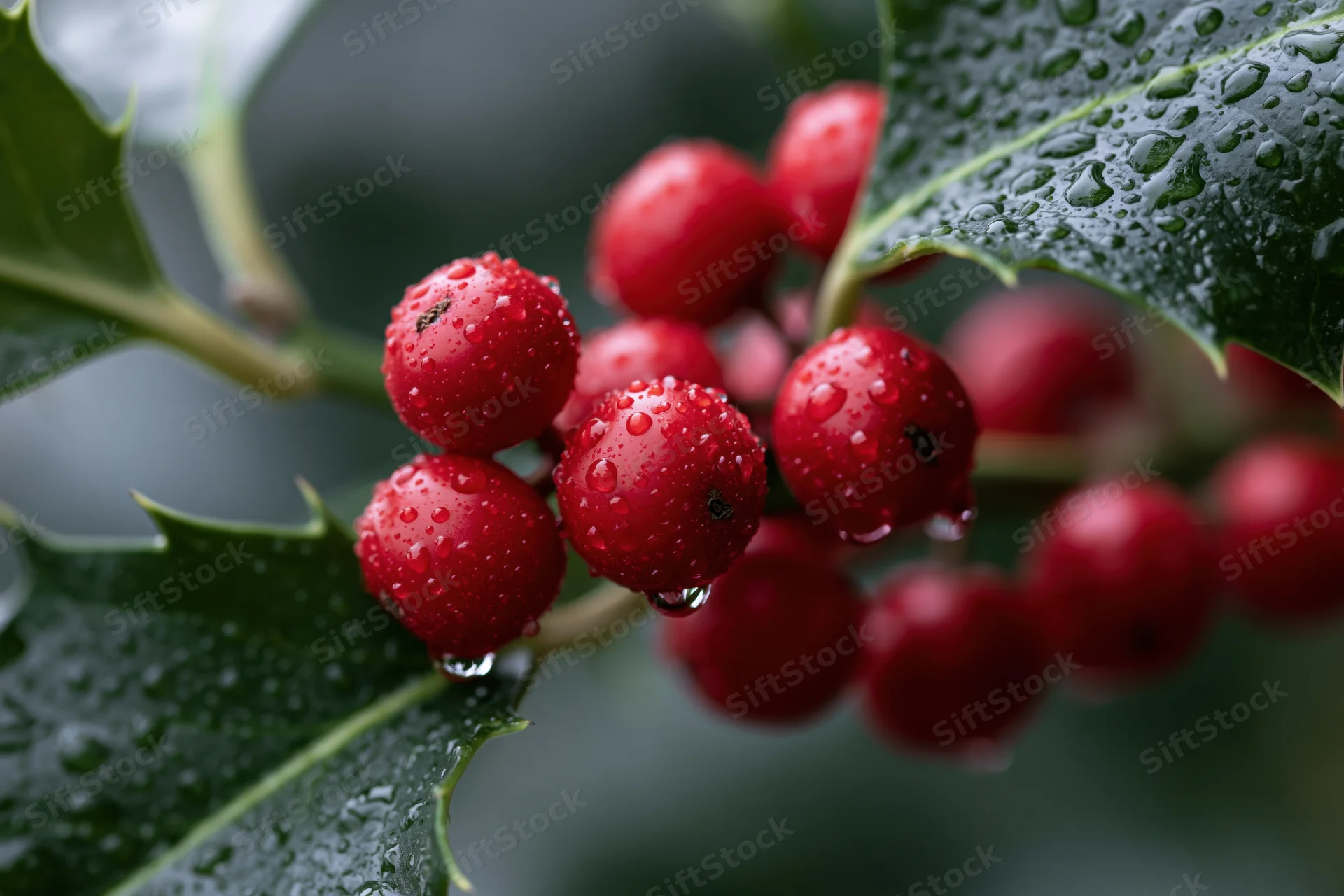 Close-up of red holly berries with water droplets on green leaves