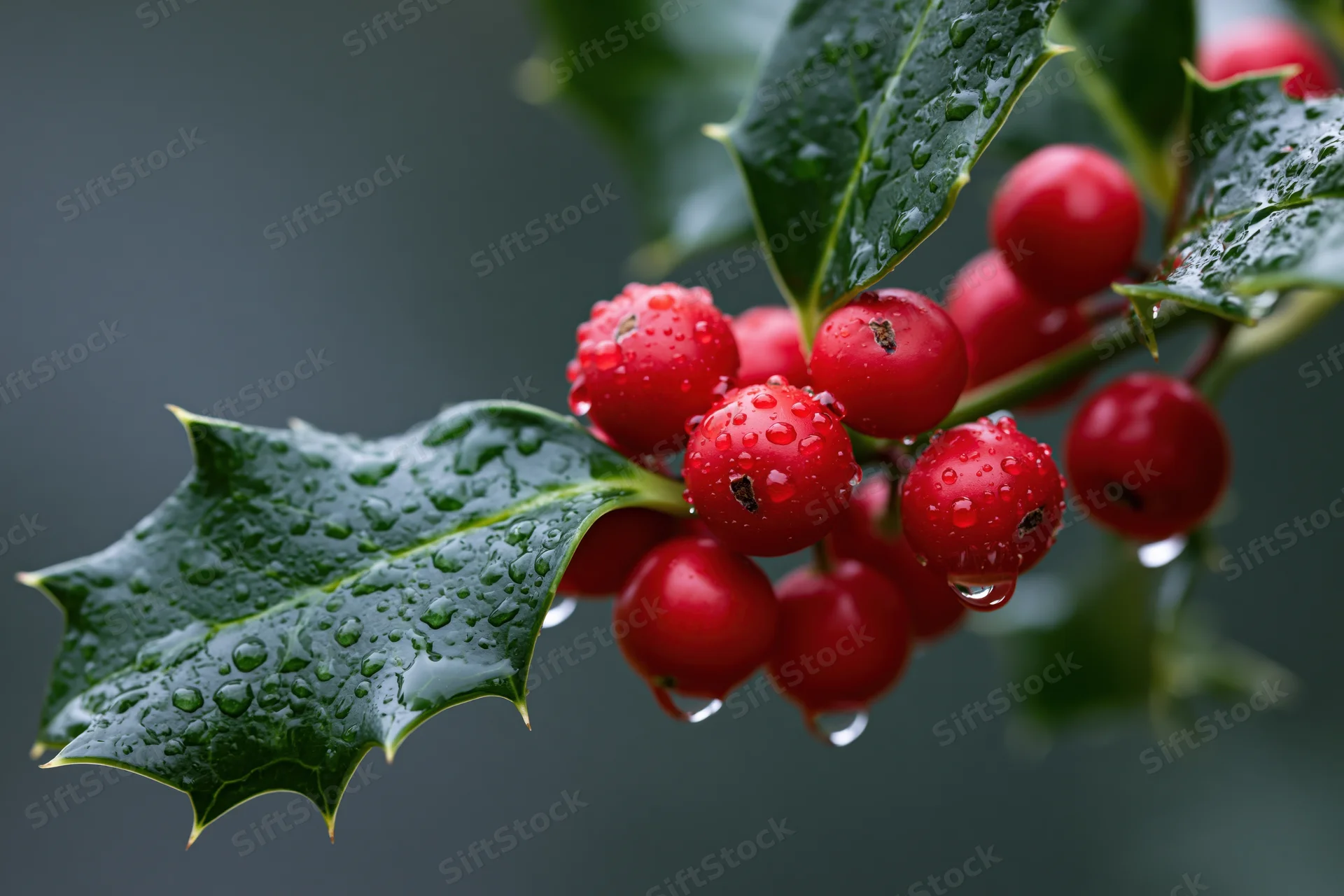 Close-up of red holly berries with water droplets on green leaves against dark background