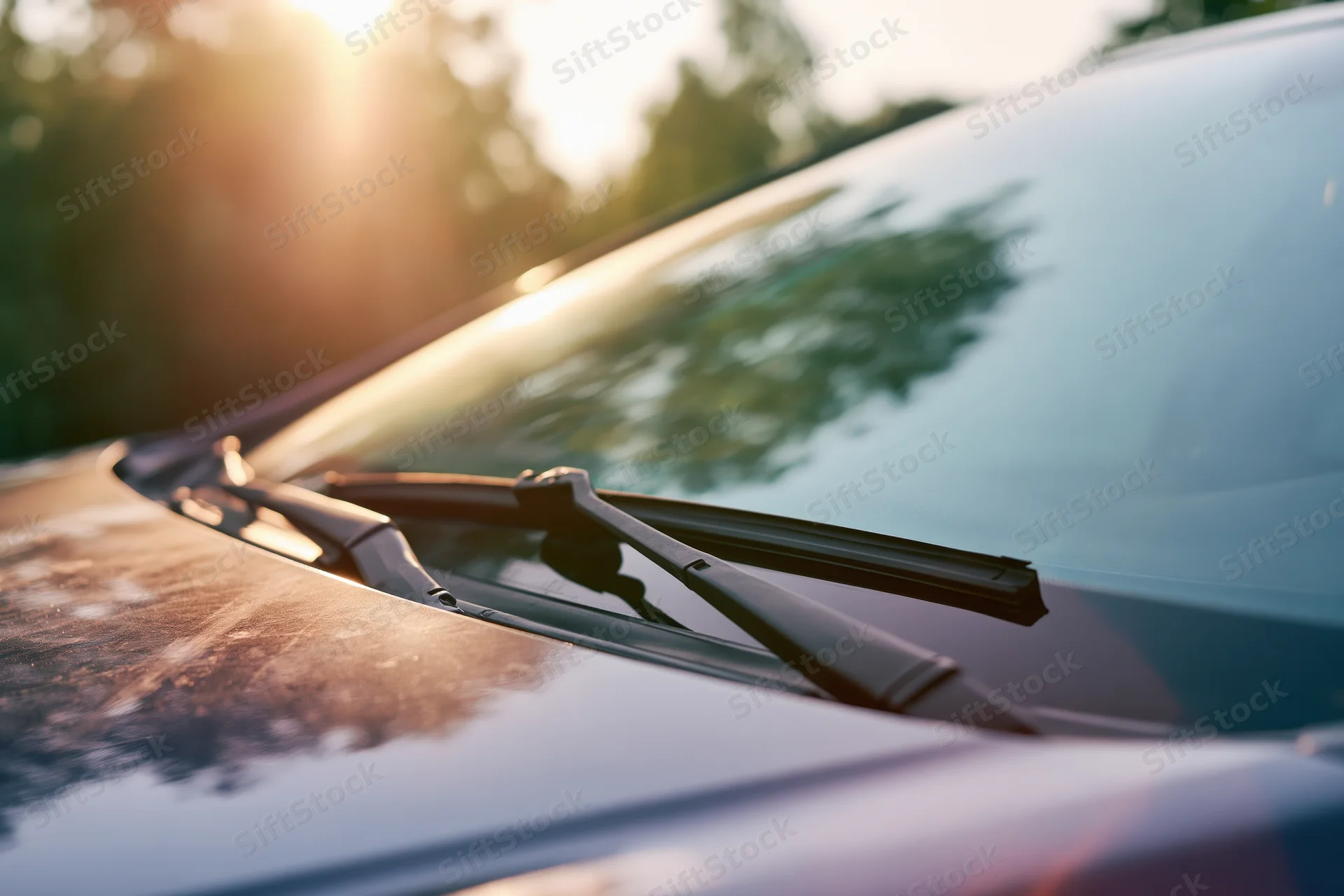 Close-up of car windshield with wiper blades resting on glass at sunset outdoors