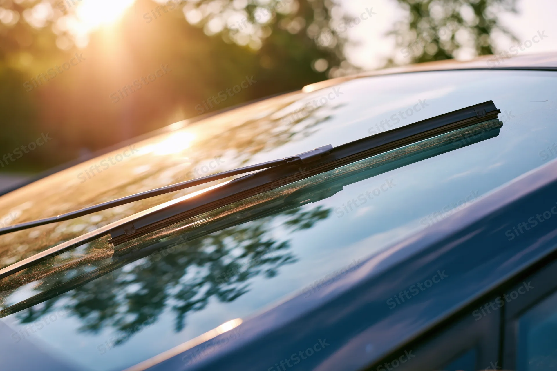 Two wiper blades resting on a car windshield reflecting trees and sunlight outdoors