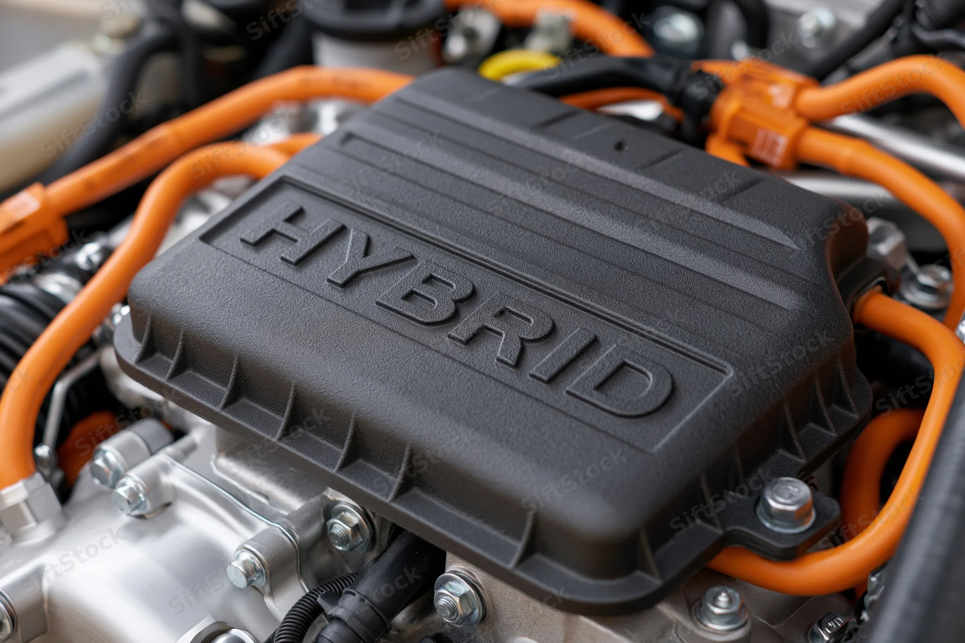Close-up of hybrid car engine bay with black cover and orange cables